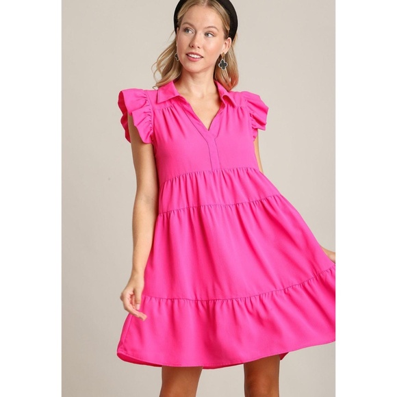 Umgee Johnny Collar Ruffle Cap Sleeve Tiered Dress in Hot Pink - Picture 1 of 9